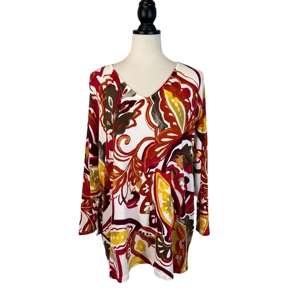 Chico’s V-Neck Sweater Touch of Cashmere Red Cream Multicolor, Size 3 (US 16/XL) - Picture 2 of 14